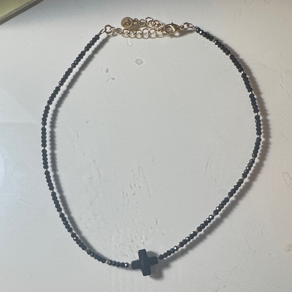 Black Beaded Cross Necklace